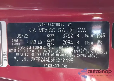 2023 Kia Forte Lxs из США, поврежденный, VIN 3KPF24AD6PE548499